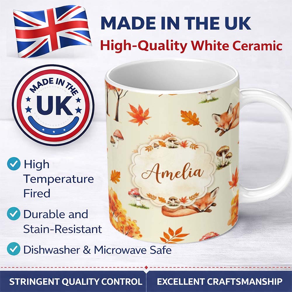 Personalized Custom Name Cute Autumn Fox Leaves Mushrooms Forest Seamless Pattern Cream 11oz Ceramic Coffee Tea Mug White Large Handle