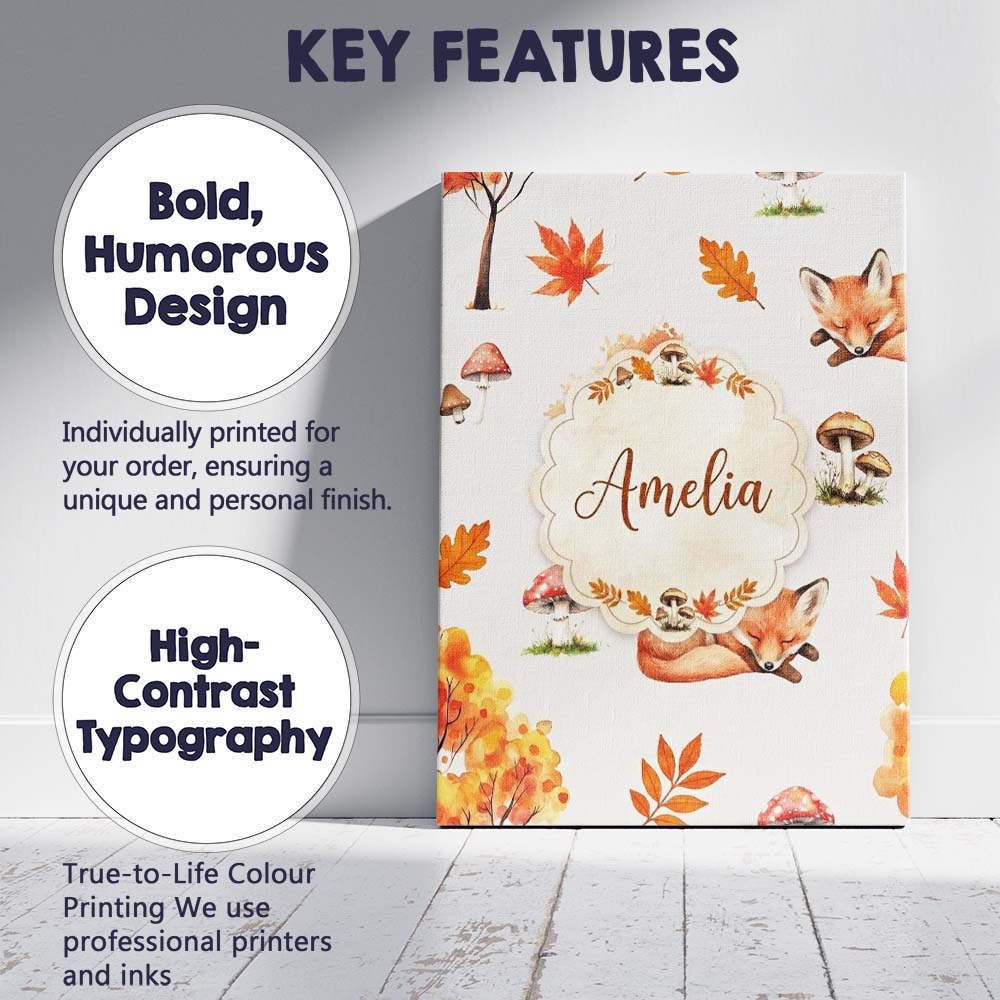 Personalised Name Cute Autumn Fox Leaves Custom  Unique Gift Idea Elegant Feature Canvas Wall Art Print Decor Picture Ready to Hang