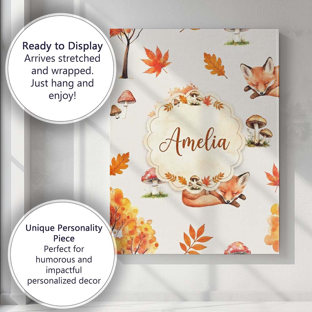 Personalised Name Cute Autumn Fox Leaves Custom  Unique Gift Idea Elegant Feature Canvas Wall Art Print Decor Picture Ready to Hang