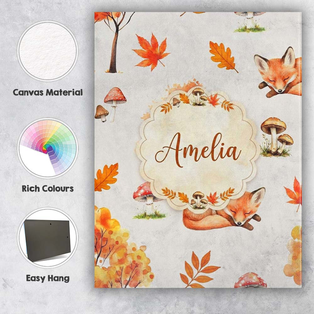 Personalised Name Cute Autumn Fox Leaves Custom  Unique Gift Idea Elegant Feature Canvas Wall Art Print Decor Picture Ready to Hang