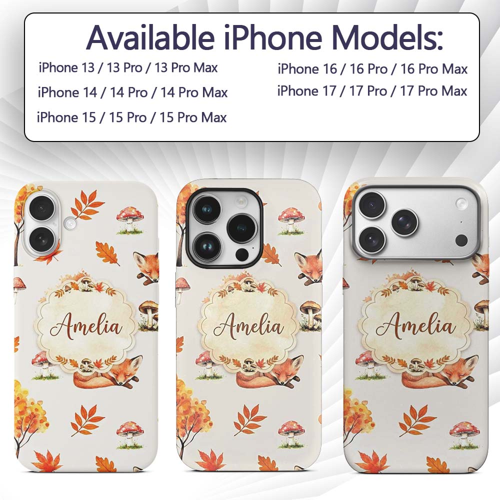 Cute Autumn Fox Leaves Mushrooms Forest Seamless Custom Name Protective Phone Case Mobile Cover Durable Everyday Smartphone Shock Resistant