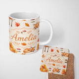 Personalized Custom Name Sleeping Fox Autumn Leaves Mushrooms Forest Seamless Pattern Beige 11oz Ceramic Coffee Tea Mug White Large Handle