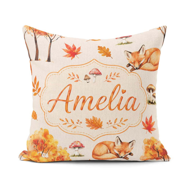 Custom Name Sleeping Fox Autumn Leaves Mushrooms Forest Seamless Square Filled Cushion Throw Pillow Sofa Bed Home Decor Zip Washable UK Made