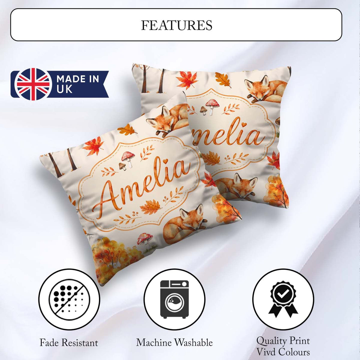 Custom Name Sleeping Fox Autumn Leaves Mushrooms Forest Seamless Square Filled Cushion Throw Pillow Sofa Bed Home Decor Zip Washable UK Made