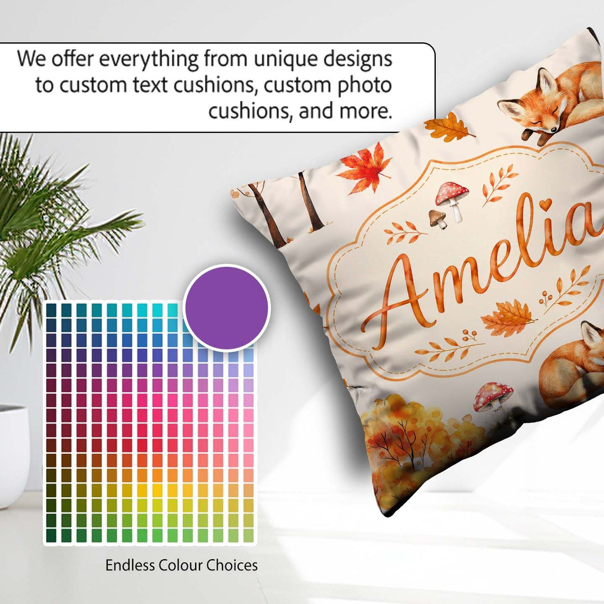 Custom Name Sleeping Fox Autumn Leaves Mushrooms Forest Seamless Square Filled Cushion Throw Pillow Sofa Bed Home Decor Zip Washable UK Made