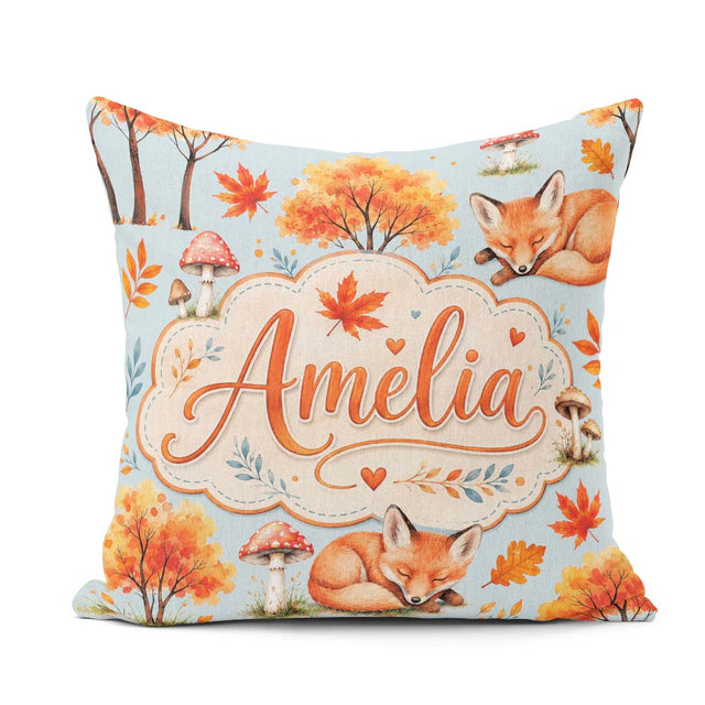 Custom Name Sleeping Fox Autumn Leaves Mushrooms Forest Seamless Square Filled Cushion Throw Pillow Sofa Bed Home Decor Zip Washable UK Made