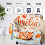 Sleeping Fox Autumn Leaves Mushrooms Forest Seamless Pattern Blue  Personalised Custom Name Super Soft Fleece Blanket Bed Sofa Throw