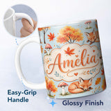 Personalized Custom Name Sleeping Fox Autumn Leaves Mushrooms Forest Seamless Pattern Blue 11oz Ceramic Coffee Tea Mug White Large Handle