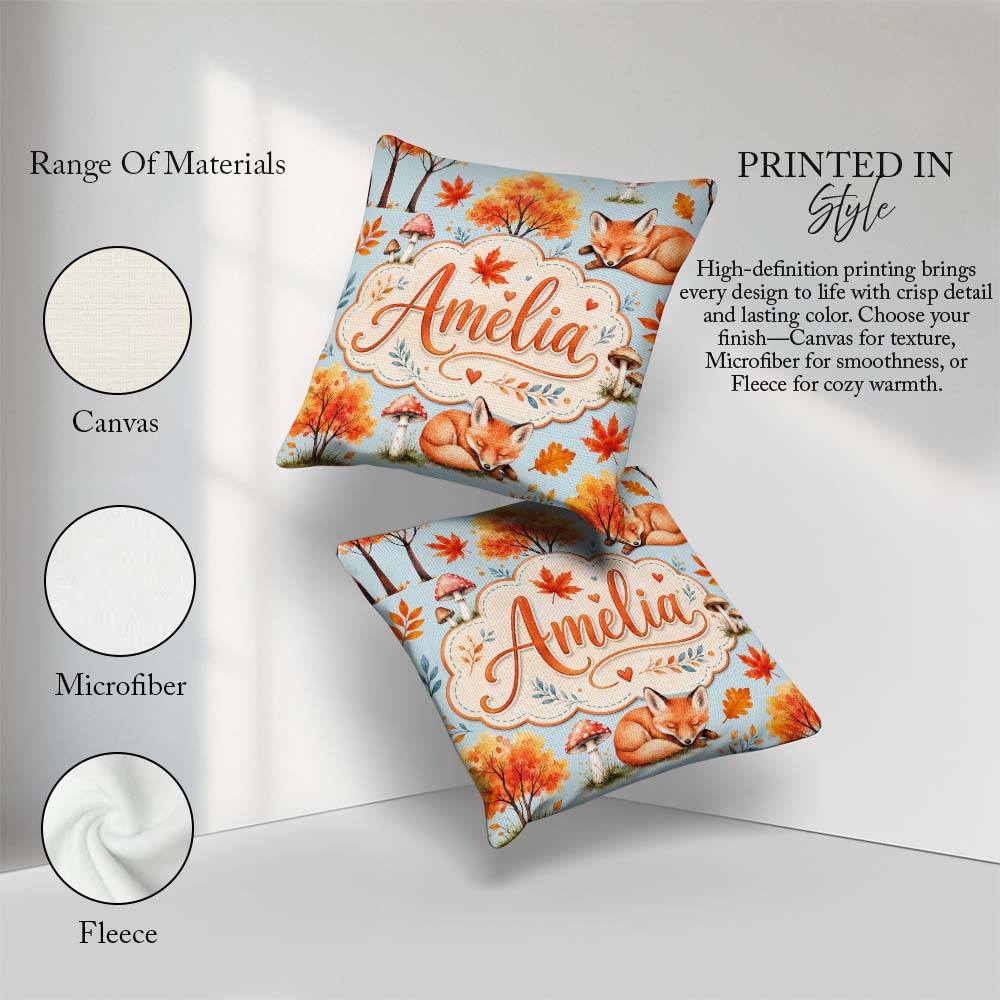 Custom Name Sleeping Fox Autumn Leaves Mushrooms Forest Seamless Square Filled Cushion Throw Pillow Sofa Bed Home Decor Zip Washable UK Made