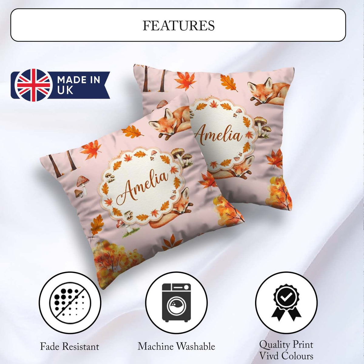 Custom Name Sleeping Fox Autumn Leaves Mushrooms Forest Seamless Square Filled Cushion Throw Pillow Sofa Bed Home Decor Zip Washable UK Made