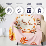Sleeping Fox Autumn Leaves Mushrooms Forest Seamless Pattern Blush  Personalised Custom Name Super Soft Fleece Blanket Bed Sofa Throw