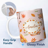 Personalized Custom Name Sleeping Fox Autumn Leaves Mushrooms Forest Seamless Pattern Blush 11oz Ceramic Coffee Tea Mug White Large Handle
