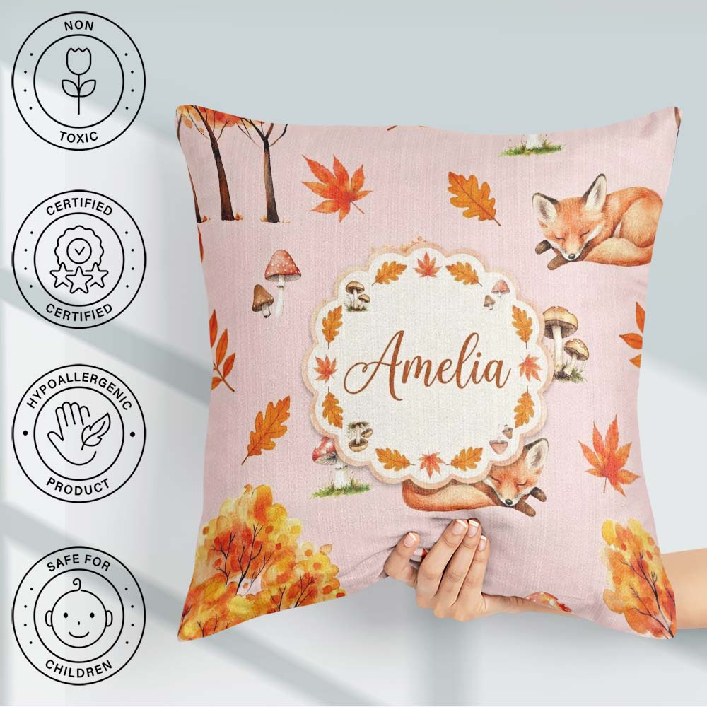 Custom Name Sleeping Fox Autumn Leaves Mushrooms Forest Seamless Square Filled Cushion Throw Pillow Sofa Bed Home Decor Zip Washable UK Made
