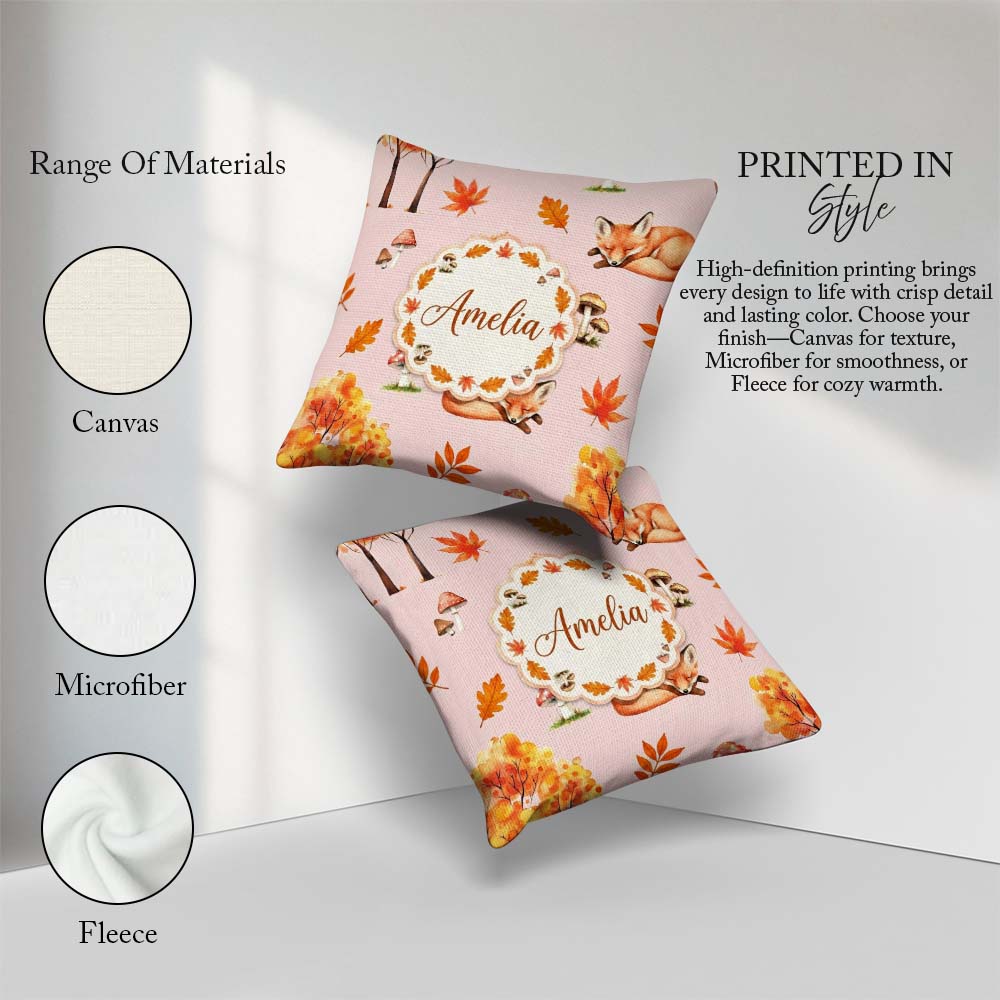 Custom Name Sleeping Fox Autumn Leaves Mushrooms Forest Seamless Square Filled Cushion Throw Pillow Sofa Bed Home Decor Zip Washable UK Made