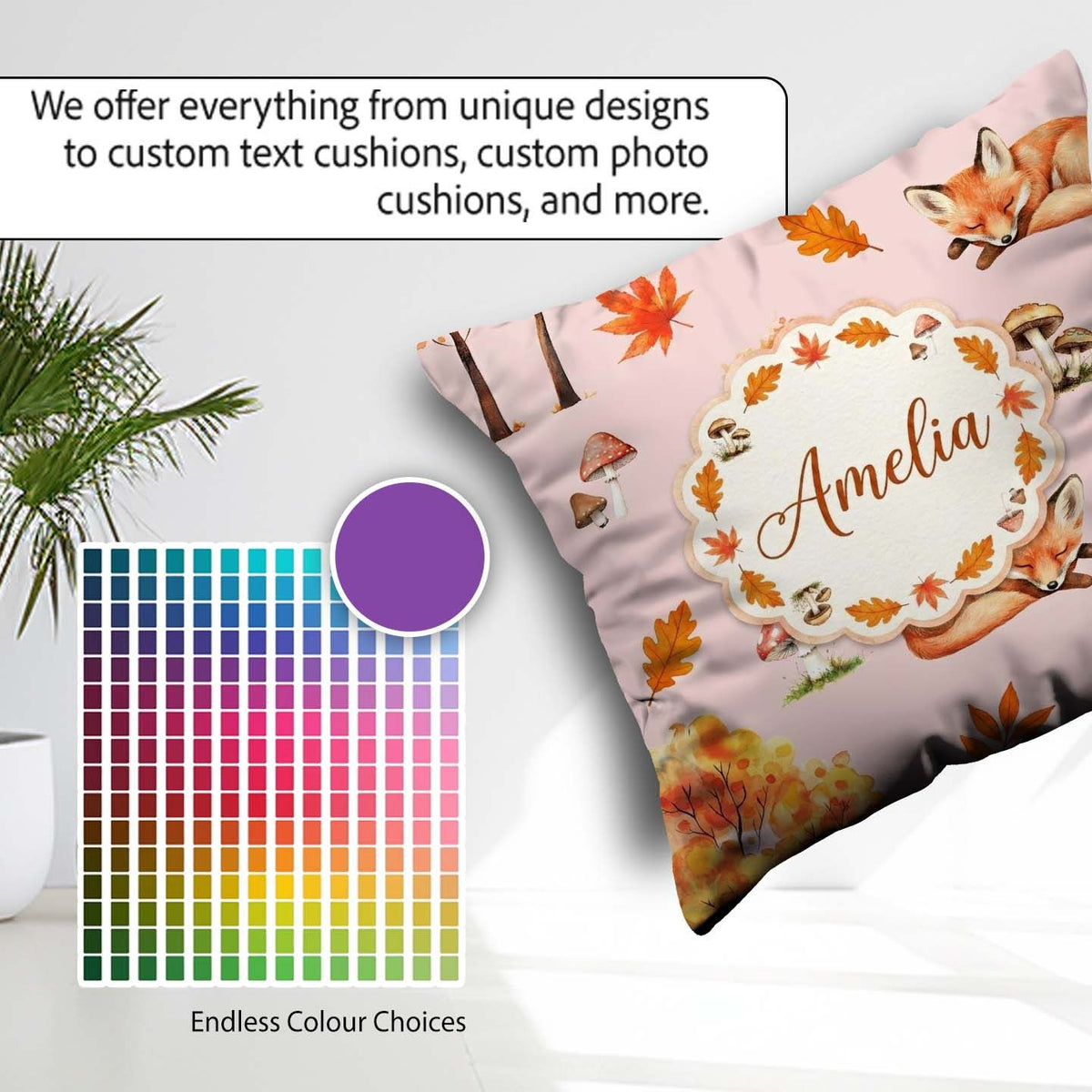 Custom Name Sleeping Fox Autumn Leaves Mushrooms Forest Seamless Square Filled Cushion Throw Pillow Sofa Bed Home Decor Zip Washable UK Made