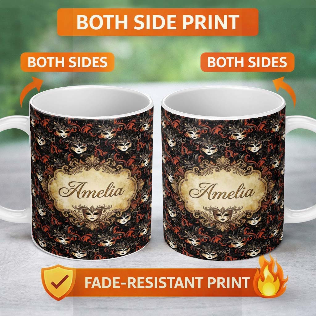 Personalized Custom Name Dark Elegant Masquerade Masks with Orange Feathers on Black Seamless 11oz Ceramic Coffee Tea Mug White Large Handle