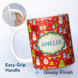 Personalized Custom Name Merry Xmas Greetings Santa Snowman Gingerbread Holiday Seamless 11oz Ceramic Coffee Tea Mug White Large Handle