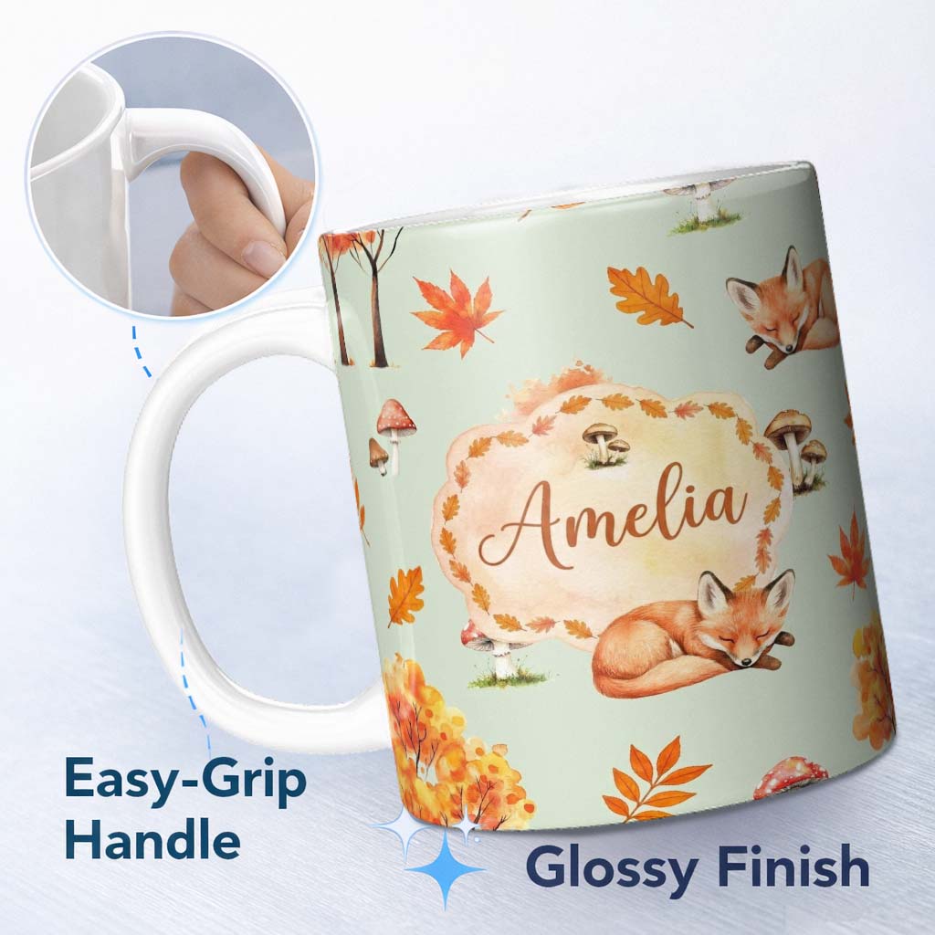 Personalized Custom Name Sleeping Fox Autumn Leaves Mushrooms Forest Seamless Pattern Sage 11oz Ceramic Coffee Tea Mug White Large Handle