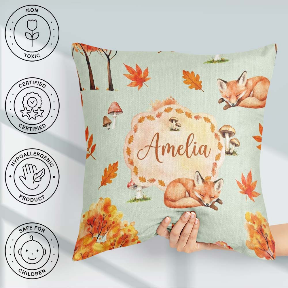 Custom Name Sleeping Fox Autumn Leaves Mushrooms Forest Seamless Square Filled Cushion Throw Pillow Sofa Bed Home Decor Zip Washable UK Made