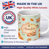 Personalized Custom Name Sleeping Fox Autumn Leaves Mushrooms Forest Seamless Pattern Sage 11oz Ceramic Coffee Tea Mug White Large Handle