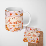 Personalized Custom Name Sleeping Fox Autumn Leaves Mushrooms Forest Seamless Pattern Dusty 11oz Ceramic Coffee Tea Mug White Large Handle
