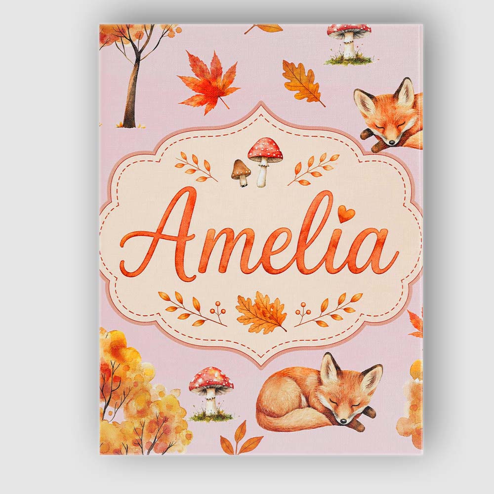 Personalised Name Sleeping Fox Autumn Custom Modern Room Accent Creative Decorator Style Canvas Wall Art Print Decor Picture Ready to Hang