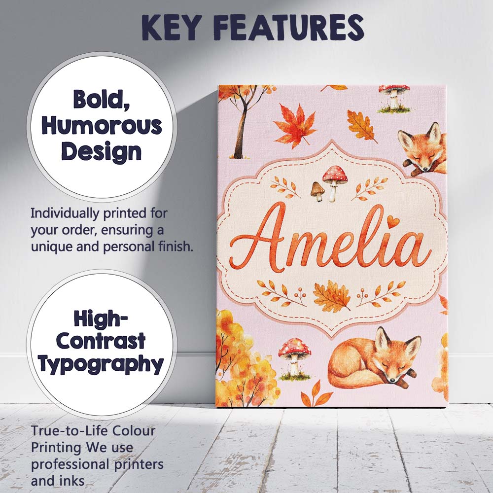 Personalised Name Sleeping Fox Autumn Custom Modern Room Accent Creative Decorator Style Canvas Wall Art Print Decor Picture Ready to Hang