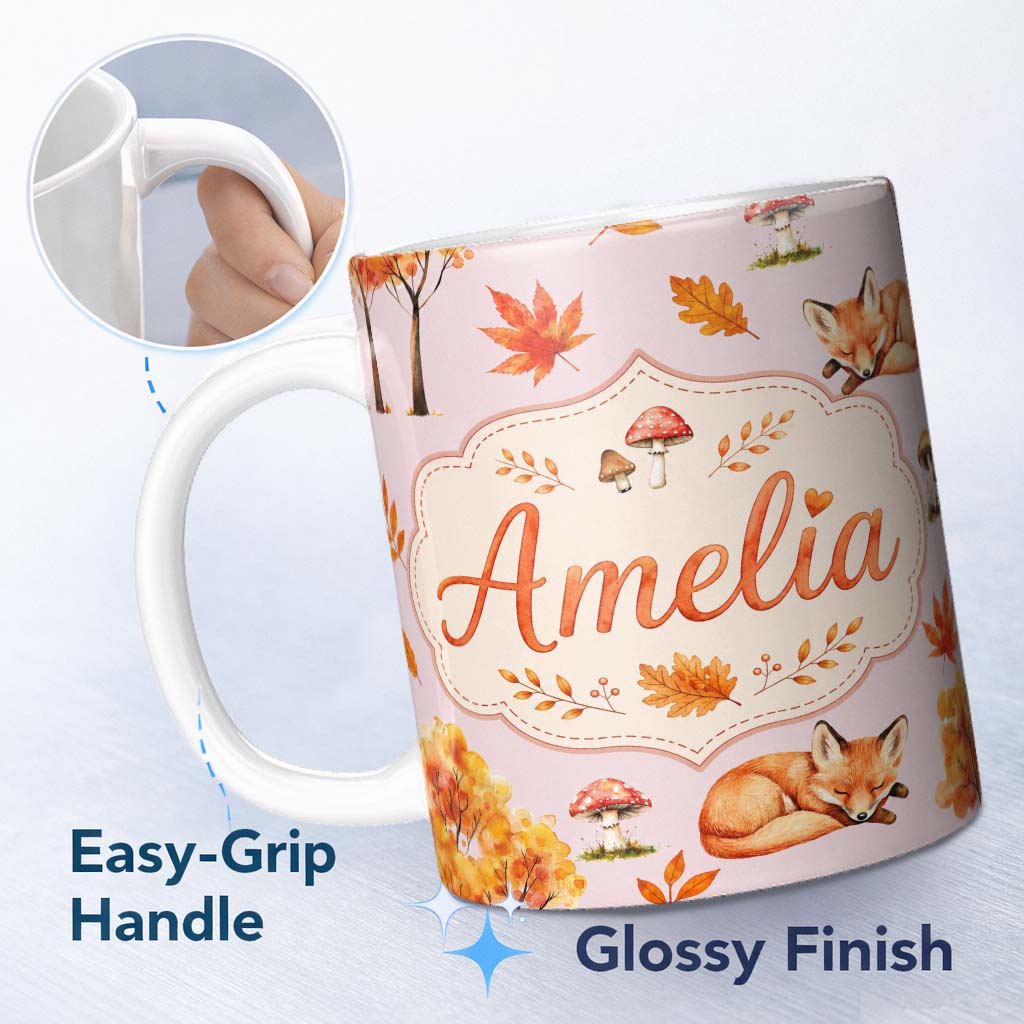 Personalized Custom Name Sleeping Fox Autumn Leaves Mushrooms Forest Seamless Pattern Dusty 11oz Ceramic Coffee Tea Mug White Large Handle