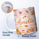 Personalized Custom Name Sleeping Fox Autumn Leaves Mushrooms Forest Seamless Pattern Dusty 11oz Ceramic Coffee Tea Mug White Large Handle
