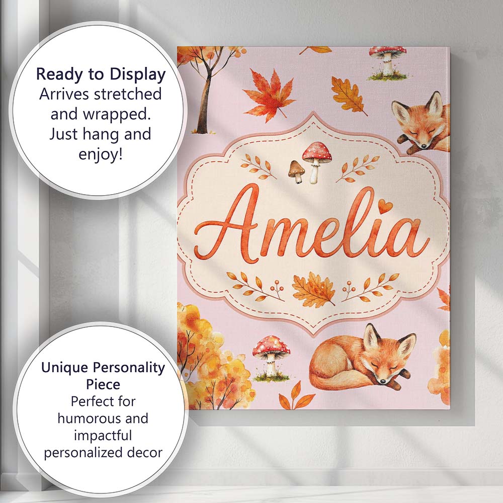 Personalised Name Sleeping Fox Autumn Custom Modern Room Accent Creative Decorator Style Canvas Wall Art Print Decor Picture Ready to Hang