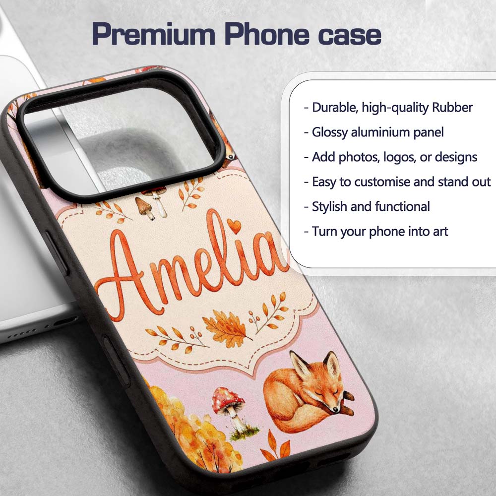 Sleeping Fox Autumn Leaves Decorative Design Custom Name Protective Phone Case Mobile Cover Durable Everyday Smartphone Shock Resistant