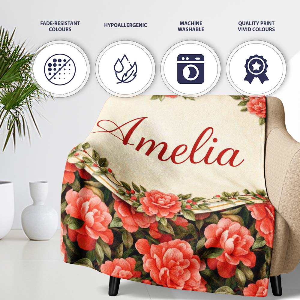 Soft Coral Peony Floral Seamless Pattern Stylish Everyday  Lovely  Personalised Custom Name Super Soft Fleece Blanket Bed Sofa Throw
