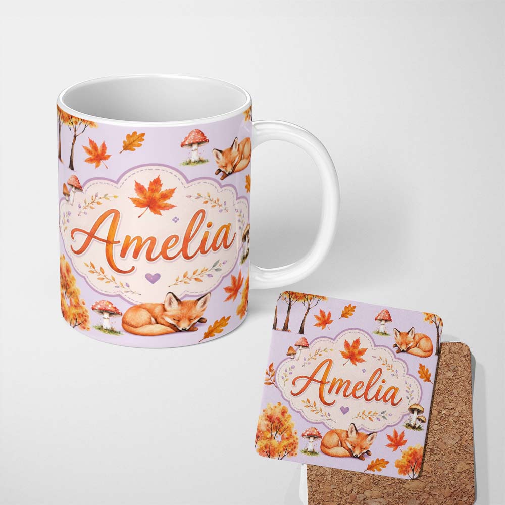 Personalized Custom Name Sleeping Fox Autumn Leaves Mushrooms Forest Seamless Pattern 11oz Ceramic Coffee Tea Mug White Large Handle