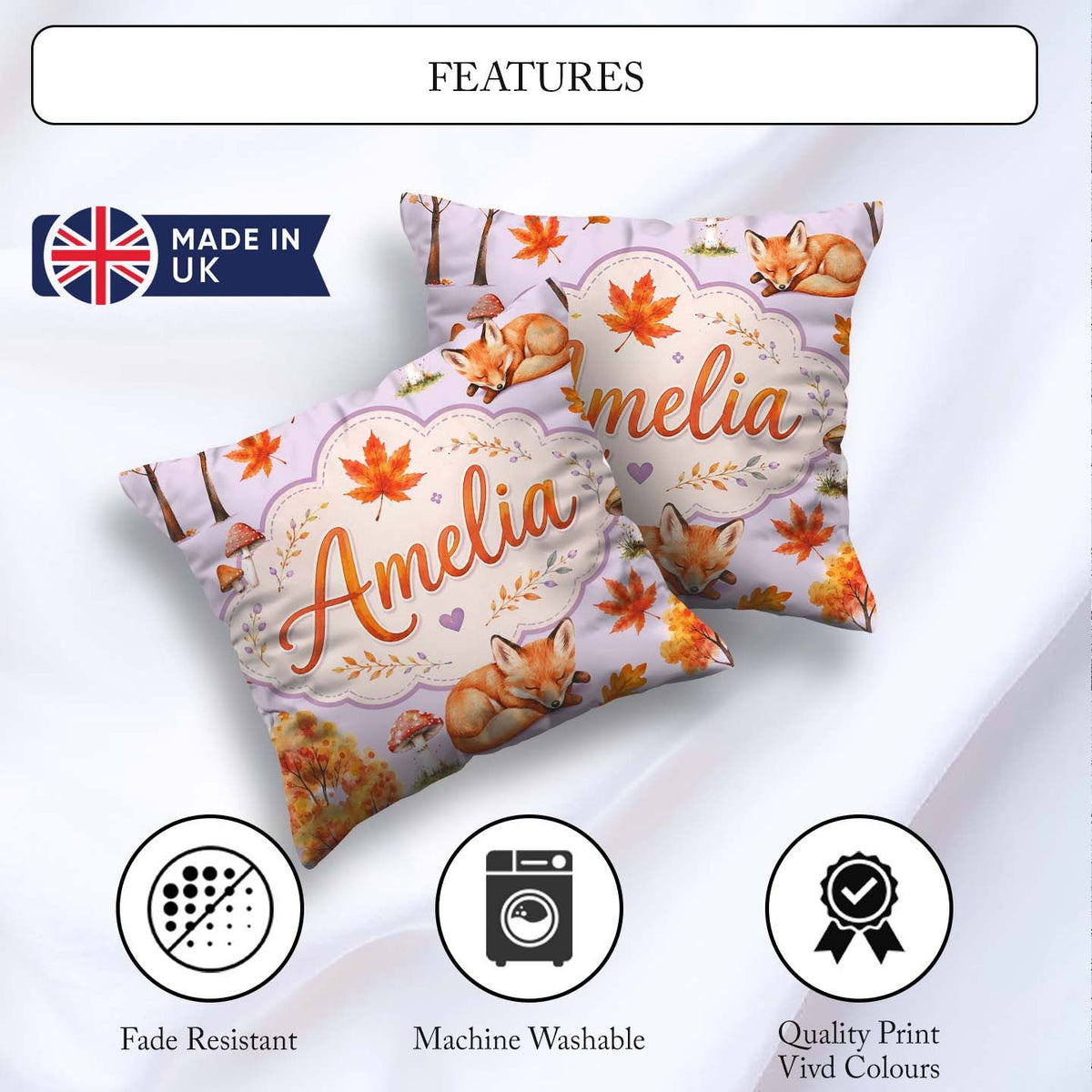 Custom Name Sleeping Fox Autumn Leaves Mushrooms Forest Seamless Square Filled Cushion Throw Pillow Sofa Bed Home Decor Zip Washable UK Made