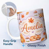 Personalized Custom Name Sleeping Fox Autumn Leaves Mushrooms Forest Seamless Pattern 11oz Ceramic Coffee Tea Mug White Large Handle