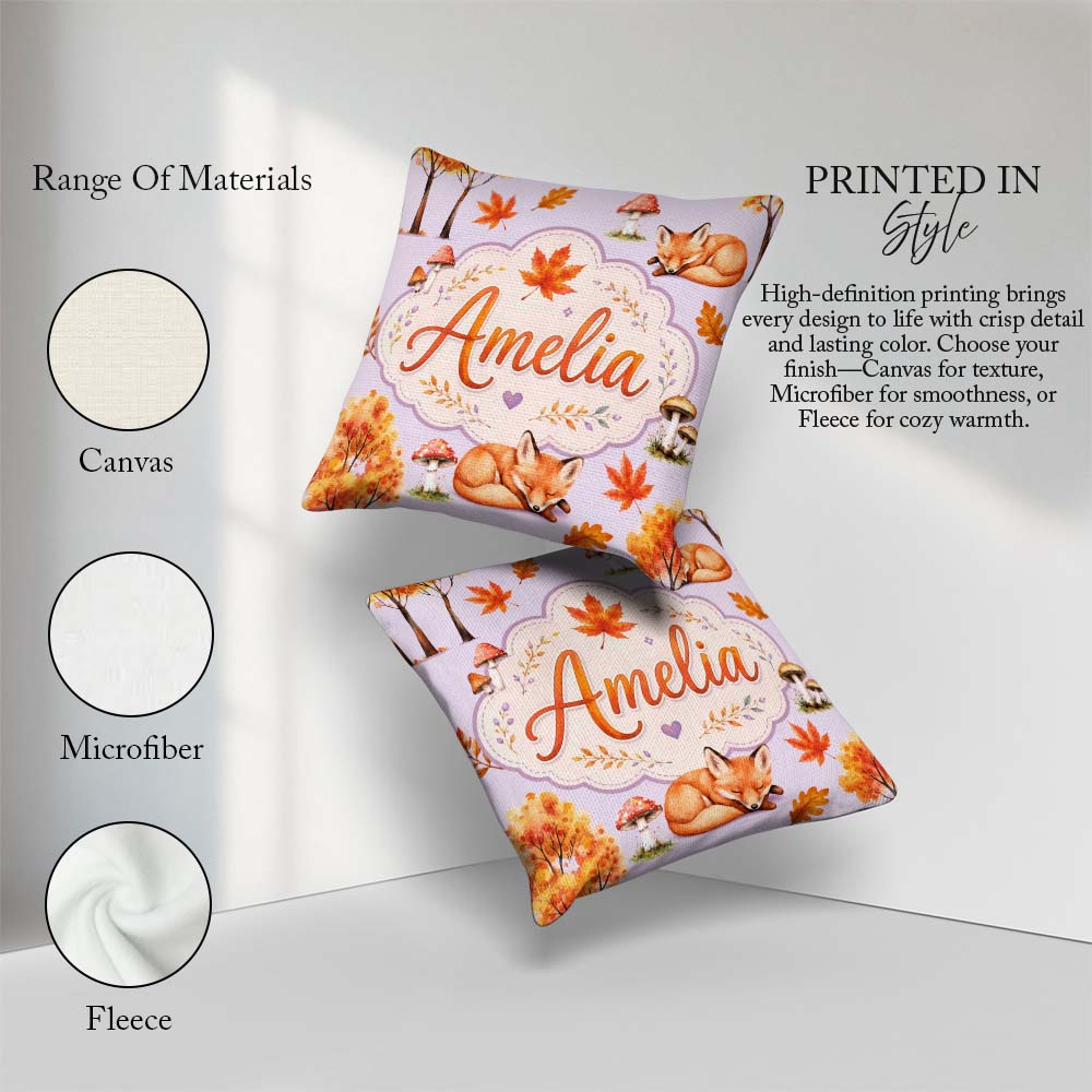 Custom Name Sleeping Fox Autumn Leaves Mushrooms Forest Seamless Square Filled Cushion Throw Pillow Sofa Bed Home Decor Zip Washable UK Made