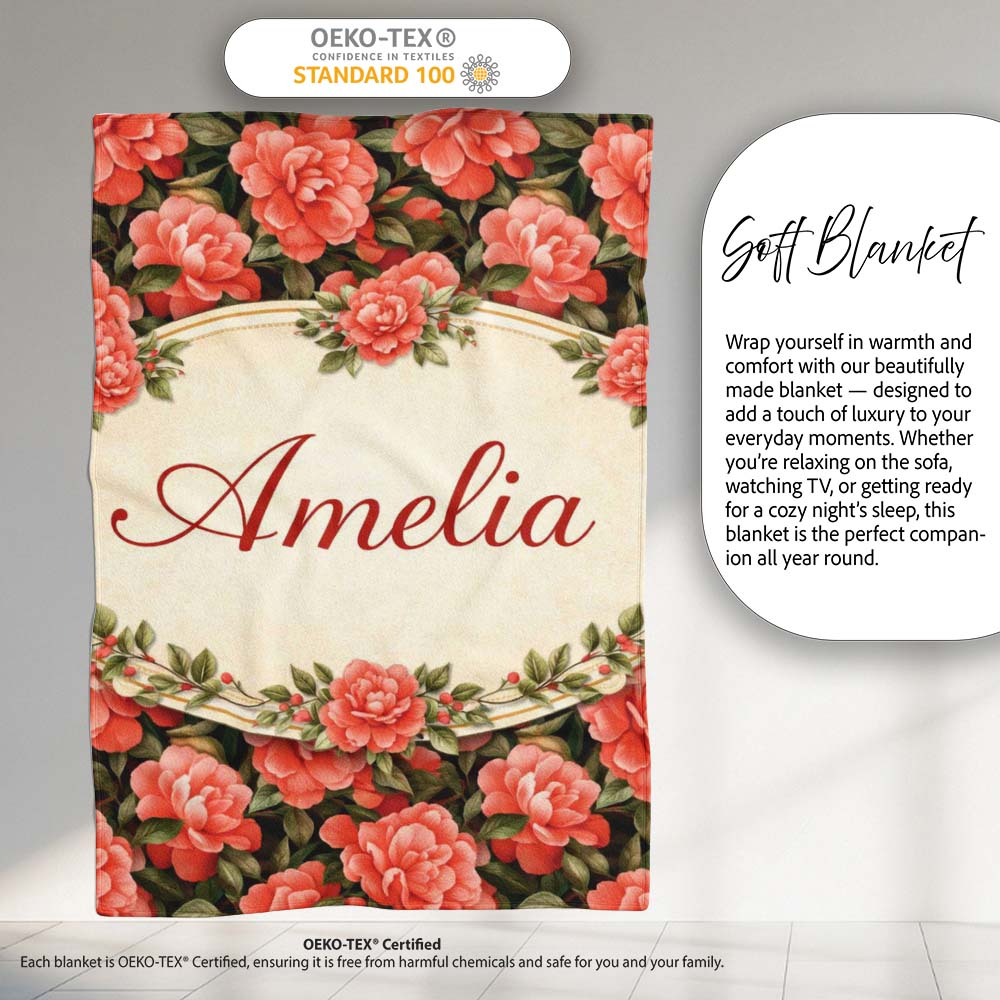 Soft Coral Peony Floral Seamless Pattern Stylish Everyday  Lovely  Personalised Custom Name Super Soft Fleece Blanket Bed Sofa Throw