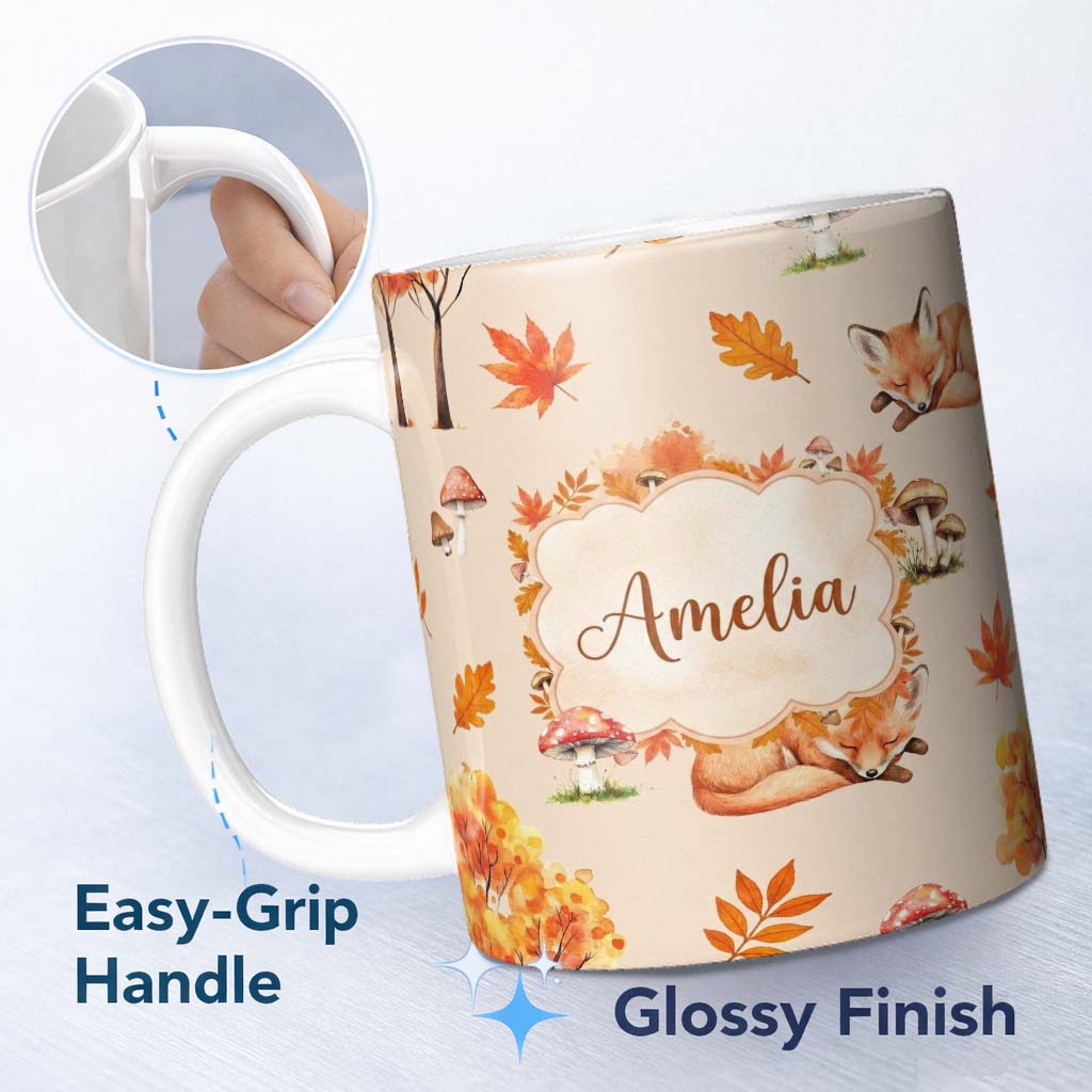 Personalized Custom Name Sleeping Fox Autumn Leaves Mushrooms Forest Seamless Pattern Tan 11oz Ceramic Coffee Tea Mug White Large Handle