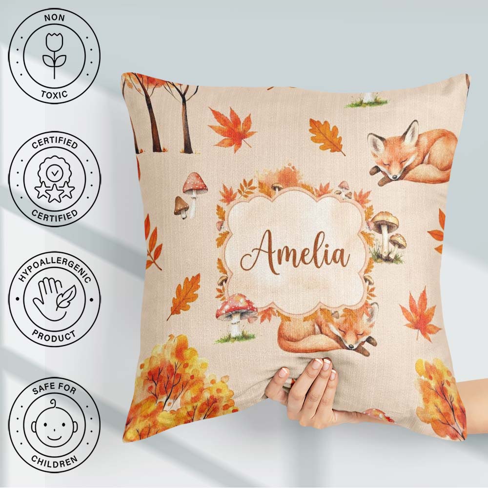 Custom Name Sleeping Fox Autumn Leaves Mushrooms Forest Seamless Square Filled Cushion Throw Pillow Sofa Bed Home Decor Zip Washable UK Made