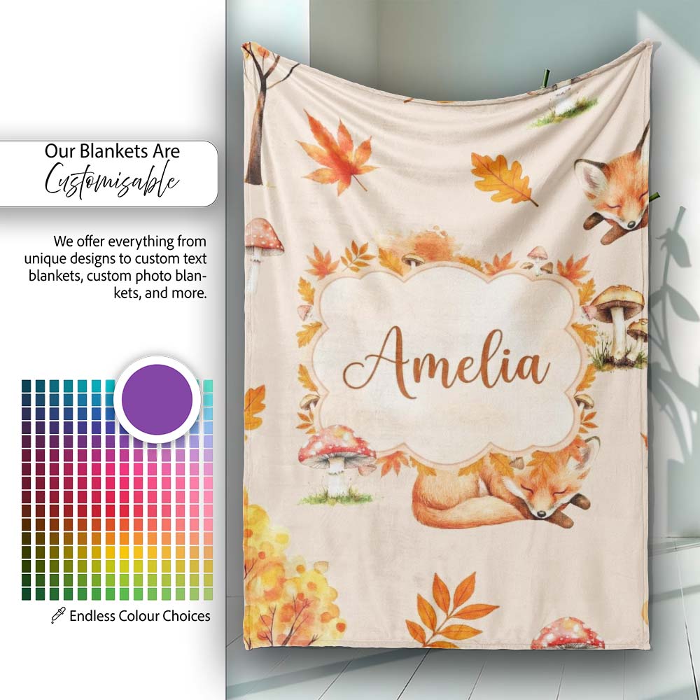 Sleeping Fox Autumn Leaves Mushrooms Forest Seamless Pattern Tan  Personalised Custom Name Super Soft Fleece Blanket Bed Sofa Throw