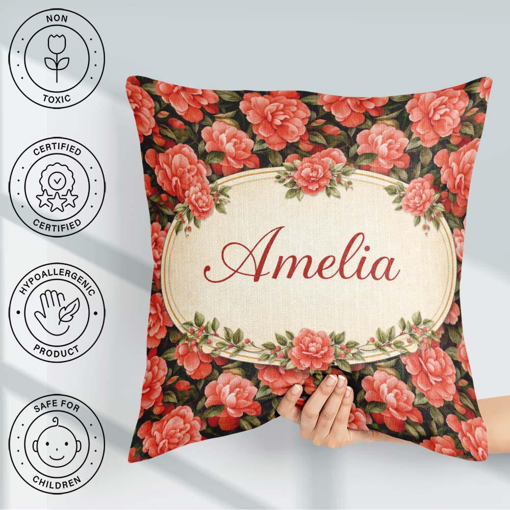 Custom Name Soft Coral Peony Floral Seamless Pattern Everyday Square Filled Cushion Throw Pillow Sofa Bed Home Decor Zip Washable UK Made