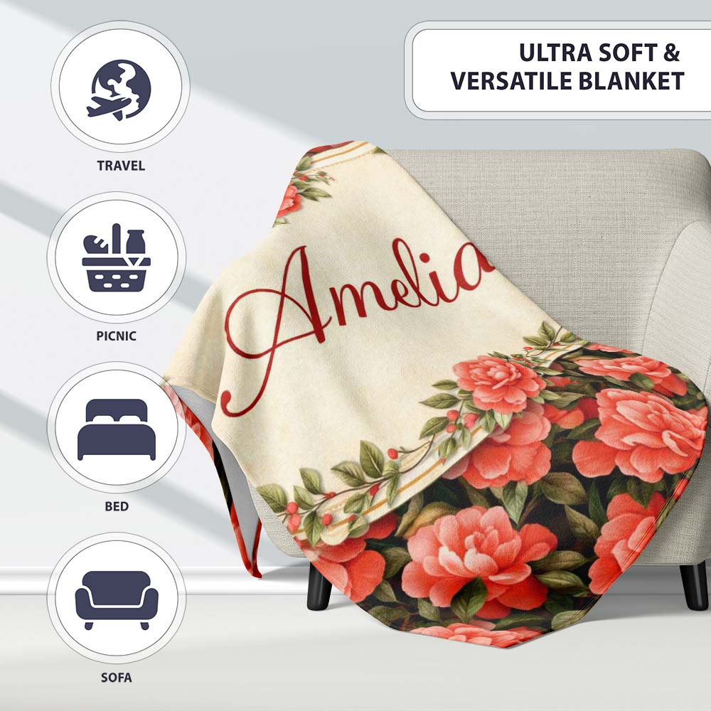 Soft Coral Peony Floral Seamless Pattern Stylish Everyday  Lovely  Personalised Custom Name Super Soft Fleece Blanket Bed Sofa Throw