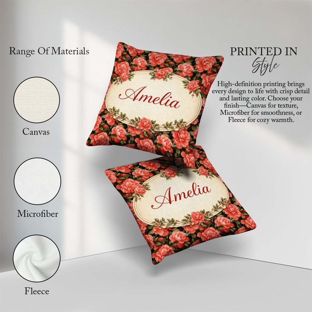 Custom Name Soft Coral Peony Floral Seamless Pattern Everyday Square Filled Cushion Throw Pillow Sofa Bed Home Decor Zip Washable UK Made