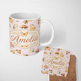 Personalized Custom Name Vintage Butterflies Bees Mushrooms Nature Seamless Pattern Soft 11oz Ceramic Coffee Tea Mug White Large Handle