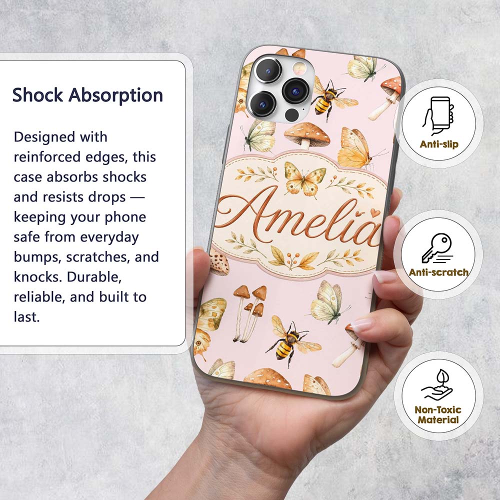 Vintage Butterflies Bees Mushrooms Printed Design Custom Name Protective Phone Case Mobile Cover Durable Everyday Smartphone Shock Resistant