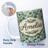 Personalized Custom Name Botanical Pine Branch with White Blossoms and Birds on Soft Green 11oz Ceramic Coffee Tea Mug White Large Handle