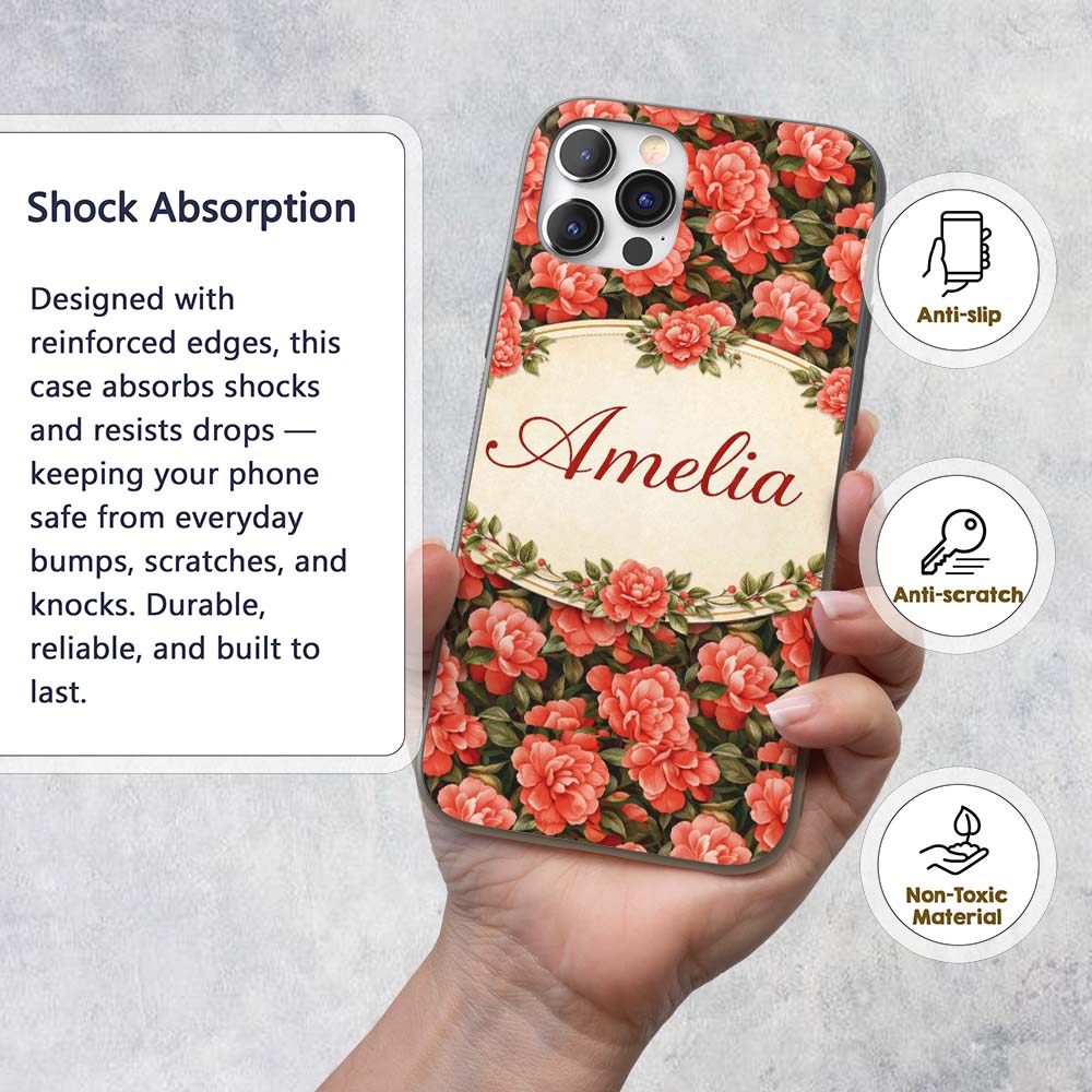 Soft Coral Peony Floral Seamless Printed Design Custom Name Protective Phone Case Mobile Cover Durable Everyday Smartphone Shock Resistant
