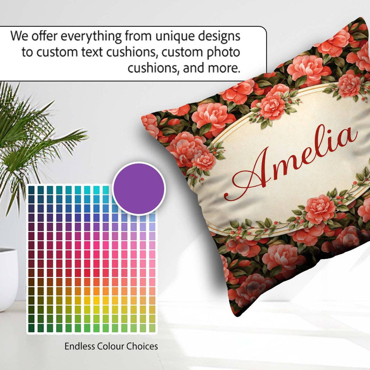 Custom Name Soft Coral Peony Floral Seamless Pattern Everyday Square Filled Cushion Throw Pillow Sofa Bed Home Decor Zip Washable UK Made