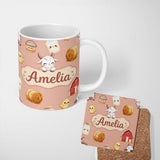 Personalized Custom Name Cute Farm Goat Barn Hay Bale Chick Peach Background Seamless Pattern 11oz Ceramic Coffee Tea Mug White Large Handle