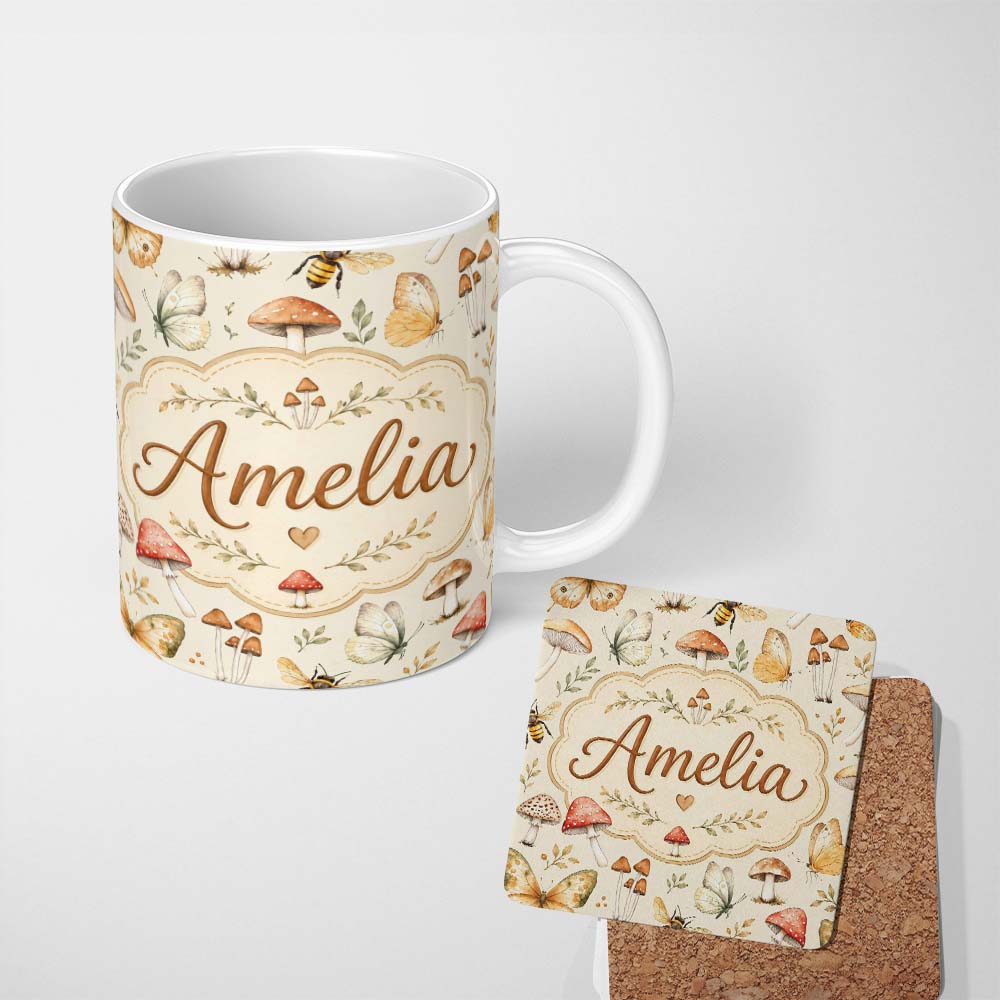 Personalized Custom Name Vintage Butterflies Bees Mushrooms Nature Seamless Pattern Sage 11oz Ceramic Coffee Tea Mug White Large Handle